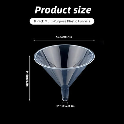8 Pcs 6 Inch Wide Mouth Plastic Large Funnels,Multi-Purpose Clear Funnels with with Reaching Spout for Water Bottles,Oils,Kitchen, Easy and Smooth Content Transfer