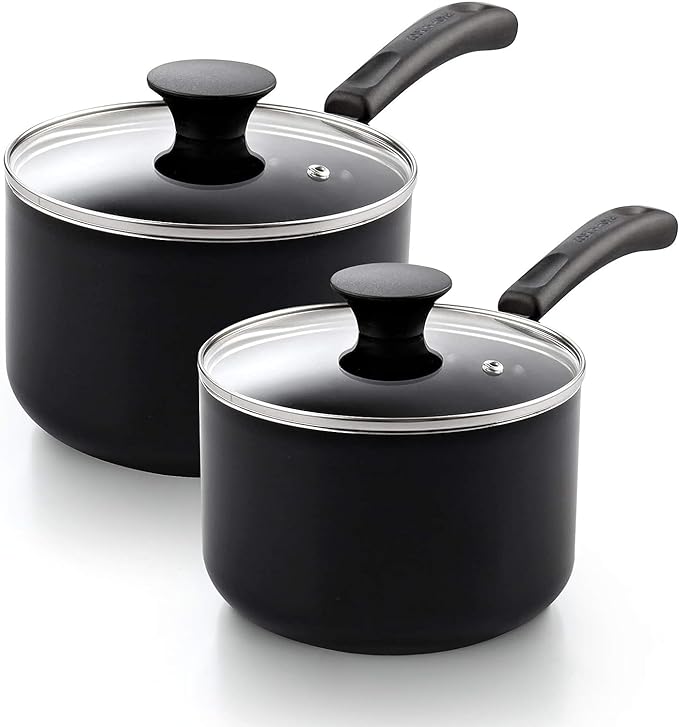 Cook N Home Nonstick Sauce Pan Set 1Qt and 2Qt, Multi-purpose Pots Set Saucepan Kitchenware with Glass Lid, Black, Aluminum by CookNHome