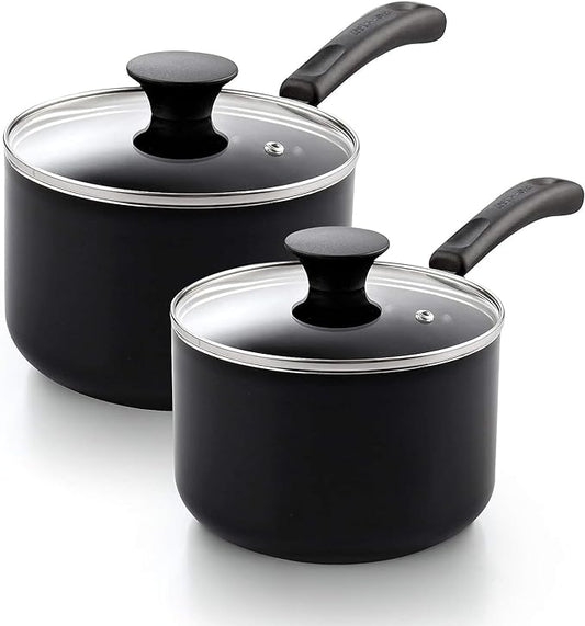 Cook N Home Nonstick Sauce Pan Set 1Qt and 2Qt, Multi-purpose Pots Set Saucepan Kitchenware with Glass Lid, Black, Aluminum by CookNHome
