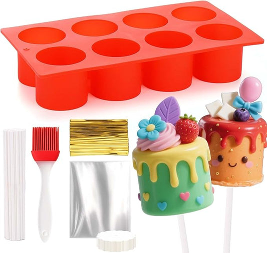 Juome Circle Cake Pop Mold Kit, 8 Cavities Cakesicle Molds Silicone with 50 Sticks & 50 Packaging Bags, Round Cake Pop Maker Supplies Accessories, Baking Tools for Home Baking Desserts by Juome