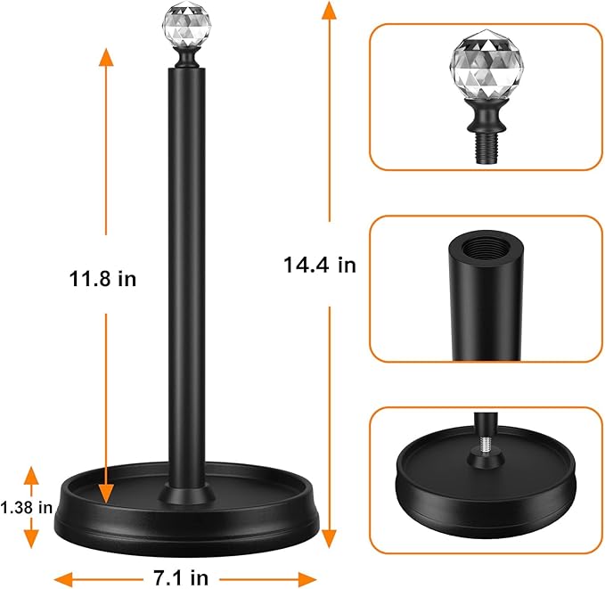KASUNTO Paper Towel Holder, Steel Paper Towel Holder Countertop with Crystal Head for Kitchen Countertops, Bars & Dining Tables (Matte Black,2 Pack) - Image 2