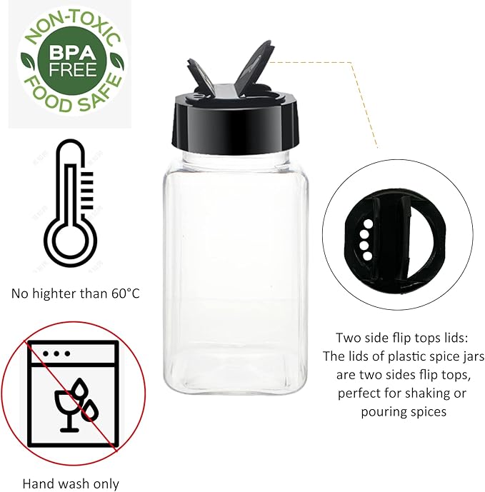 12 Pack 4oz Clear Plastic Spice Jars With Black Plastic Lids, Square Spice Bottles, Seasoning Containers with Chalk Labels, Pen, Funnel, Spice Containers For Kitchen Cabinet - Image 3