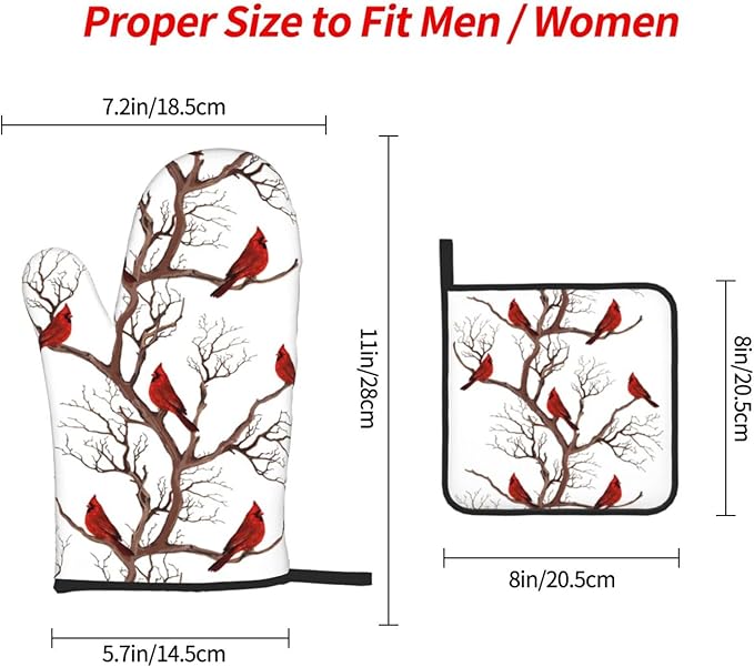 Winter Cardinal Birds Oven Mitts and Pot Holders Sets of 3 Kitchen Hot Pads Oven Gloves Heat Resistant Washable for Cooking Grilling Baking Christmas Holiday Kitchen Decor Cardinal Gifts for Women - Image 4
