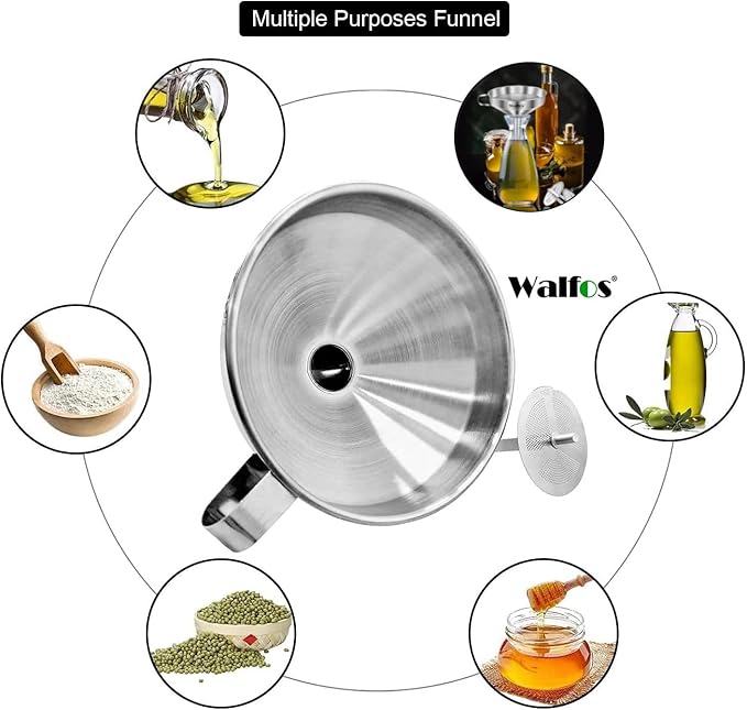 Stainless Steel Funnel, Walfos 3 Pack Kitchen Funnel with 2 Removable Strainer ＆ 1Pcs Cleaning Brush, Perfect for Transferring of Liquid, Oils, Jam, Dry Ingredients & Powder - Image 6