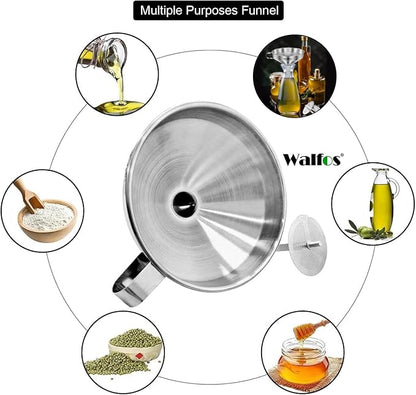 Stainless Steel Funnel, Walfos 3 Pack Kitchen Funnel with 2 Removable Strainer ＆ 1Pcs Cleaning Brush, Perfect for Transferring of Liquid, Oils, Jam, Dry Ingredients & Powder - Image 6