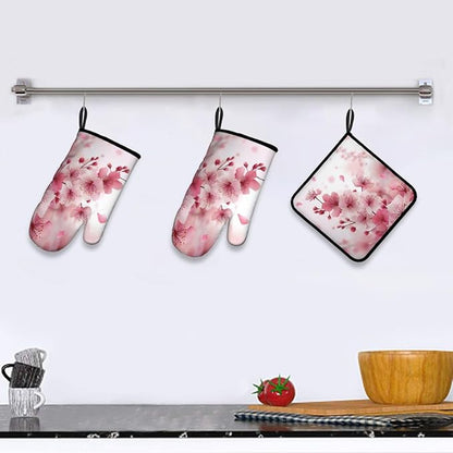 LOKMU Oven Mitts and Pot Holders Set of 3, Watercolor Pink Cherry Blossoms Flowers Heat Resistant Kitchen Gloves Hot Pads for Cooking Baking BBQ, Kitchen Decor Gifts for Cooking Lover Cooks