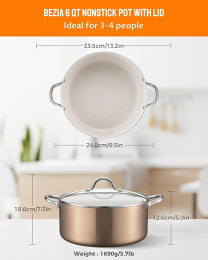 BEZIA 6 Quart Nonstick Stock Pot with Lid, Induction Cooking Pot Pot for All Stovetops, Non-toxic and Oven Safe, PFOA PFAS Free, Golden - Image 2
