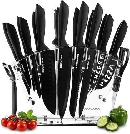 Kitchen Knife Set with Block, 19 PCS High Carbon Stainless Steel Sharp includes Serrated Steak Knives Set, Chef Knives, Bread Knife, Scissor, Sharpener, all in one by Dockorio