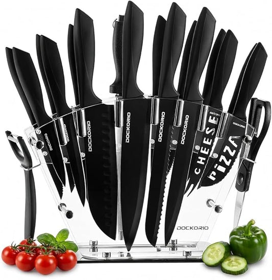 Kitchen Knife Set with Block, 19 PCS High Carbon Stainless Steel Sharp includes Serrated Steak Knives Set, Chef Knives, Bread Knife, Scissor, Sharpener, all in one by Dockorio