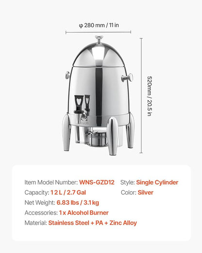 VEVOR Stainless Steel Beverage Dispenser, 2.7 Gallon Drink Dispenser with Alcohol Burner, Hot & Cold Drink Dispensers for Coffee Tea Hot Water, with Spigot Ice Tube, for Restaurants, Hotels, Parties