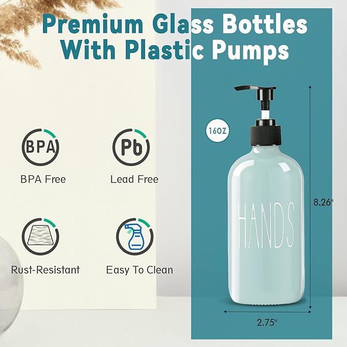 COHOSEGE Glass Soap Dispenser Set 2 Pack,16 Oz Dish Soap Dispenser for Kitchen Sink,Green Kitchen Accessories and Kitchen Decor,Green Decorations and Kitchen Utensils for Kitchen - Image 3