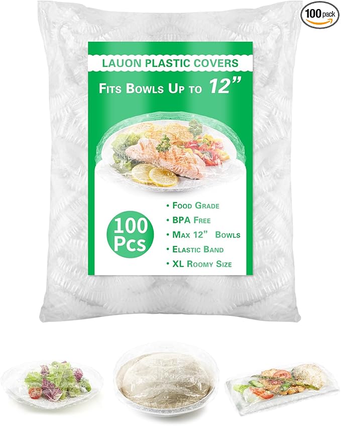 Plastic Bowl Covers for Sourdough Bread Proofing Large Disposable Elastic Food Wraps Fits 12-inch Bowls, Shower Caps for Banneton Bread Proofing Basket Plastic Food Wrap Can Covers 100 Pcs by Lauon