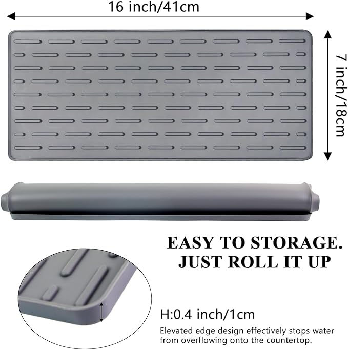 Silicone Coffee Mat, 16"X7" Heat-Resistant,Eco-friendly,Hygienic Drying Pad,Leak-Proof and Non-Slip,Removable Silicone Mat with Concave and Convex Design,（Gray 16X7） - Image 2