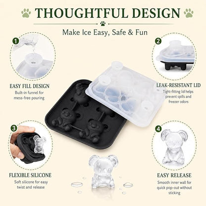 Koala Ice Cube Tray Mold - 3D Koala Shape Ice Cube Trays, Cute Ice Cube Molds for Whiskey Bourbon, 4-Hole Large Fun Shapes Ice Cube Trays, Funny Koala Gifts for Koala Animal Lovers Women Men