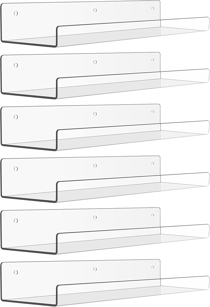 upsimples 6 Pack Acrylic Shelves for Wall Storage, 15" x 4“ Floating Bookshelves for Kids, Display Shelf Organizer for Bathroom, Bedroom, Living Room, Kitchen, Room Decor, Clear by upsimples