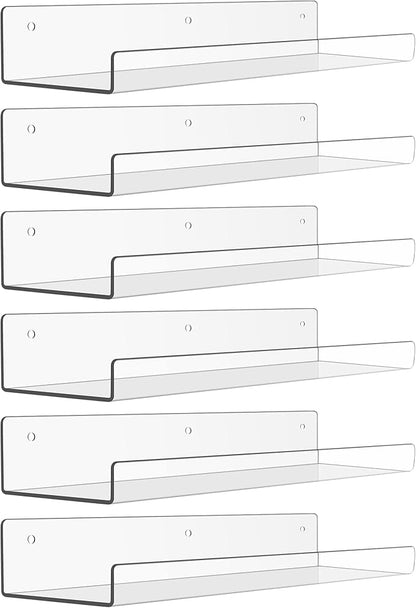 upsimples 6 Pack Acrylic Shelves for Wall Storage, 15" x 4“ Floating Bookshelves for Kids, Display Shelf Organizer for Bathroom, Bedroom, Living Room, Kitchen, Room Decor, Clear by upsimples