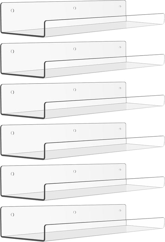 upsimples 6 Pack Acrylic Shelves for Wall Storage, 15" x 4“ Floating Bookshelves for Kids, Display Shelf Organizer for Bathroom, Bedroom, Living Room, Kitchen, Room Decor, Clear by upsimples