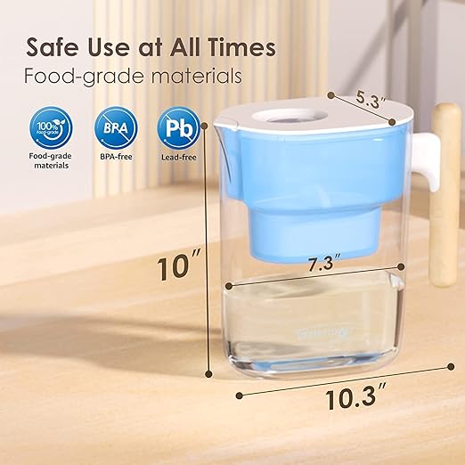 Waterdrop PT-04B 10-Cup Water Filter Pitcher with 4 Filters, NSF Certified, 800-Gallon Long-Life Filter, 5X Longer Filter Life, Reduces PFOA/PFOS and Chlorine, BPA-Free, Sturdy Wooden Handle, Blue