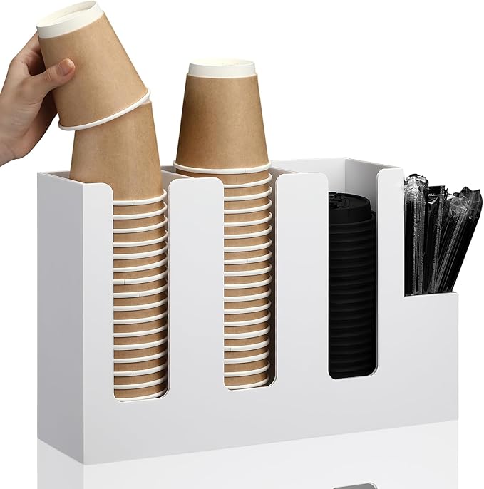 Cunhill 4 Compartments Acrylic Coffee Cup and Lid Storage Organizer Holder Disposable Paper Cup Dispenser Organizer Plastic Lid Holder Accessories for Kitchen Bar Shop Party Supplies (White) by Cunhill