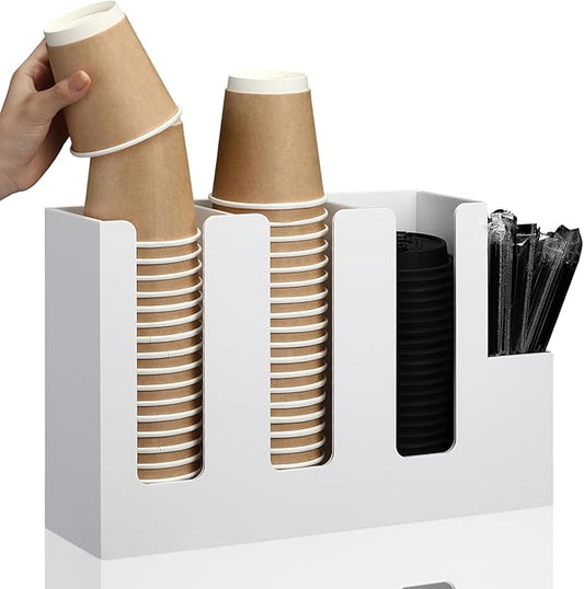 Cunhill 4 Compartments Acrylic Coffee Cup and Lid Storage Organizer Holder Disposable Paper Cup Dispenser Organizer Plastic Lid Holder Accessories for Kitchen Bar Shop Party Supplies (White) by Cunhill