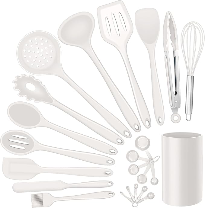 Silicone Kitchen Utensils Set, E-far 23 Pcs White Cooking Utensils Tools with Holder for Nonstick Cookware, Include Spatula/Spoon/Ladle/Tongs/Turner, Heat Resistant & Nontoxic, Dishwasher Safe by E-far