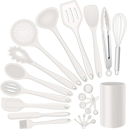 Silicone Kitchen Utensils Set, E-far 23 Pcs White Cooking Utensils Tools with Holder for Nonstick Cookware, Include Spatula/Spoon/Ladle/Tongs/Turner, Heat Resistant & Nontoxic, Dishwasher Safe by E-far