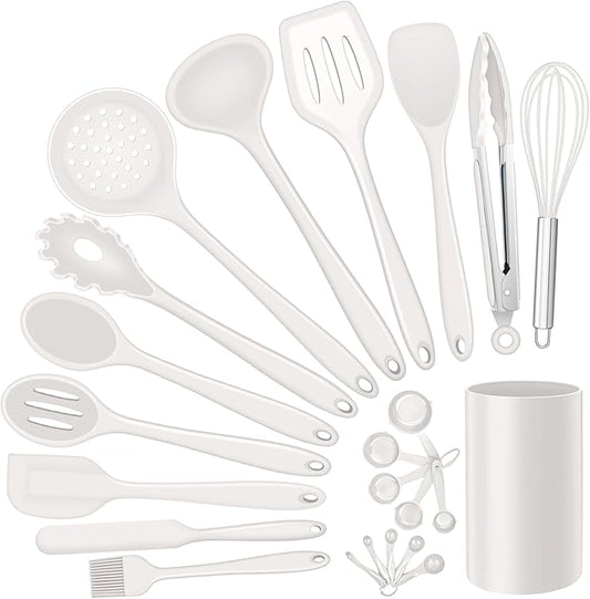 Silicone Kitchen Utensils Set, E-far 23 Pcs White Cooking Utensils Tools with Holder for Nonstick Cookware, Include Spatula/Spoon/Ladle/Tongs/Turner, Heat Resistant & Nontoxic, Dishwasher Safe by E-far