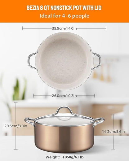 BEZIA 8 Quart Nonstick Stock Pot with Lid, Golden Granite Cooking Pot for Effortless Cleanup, Perfect for Family Dinners & Daily Cooking, Induction Compatible - Image 2