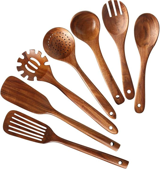 Wooden Kitchen Utensils set, 7Pcs Wooden Spoons for cooking Natural Teak Wood Kitchen Spatula Set for Cooking including Spoon Ladle Fork