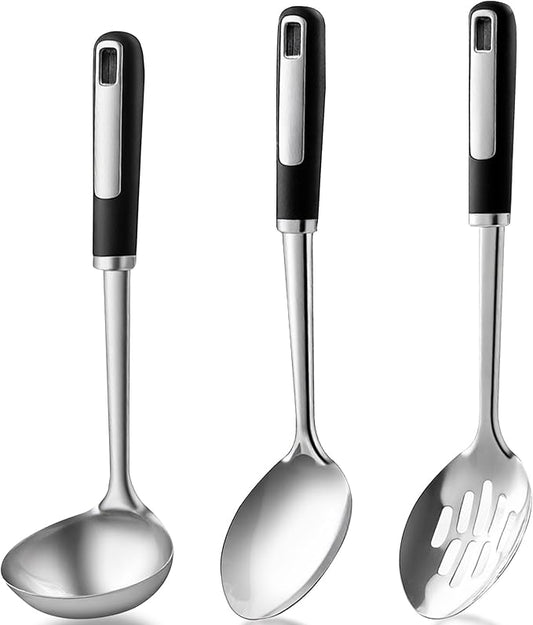 Stainless Steel Cooking Spoons Set, Large Serving Spoons Stainless Steel with Soup Ladle, Solid Spoon & Slotted Spoon, 3-Piece Thickened Metal Cooking Spoon for Kitchen Serving & Cooking