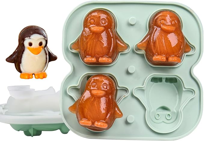Penguin Ice Cube Mold, Fun Shapes Ice Cube Tray, Make 4 Cute Penguin Ice Balls for Drinks Cocktails Iced Coffee, Silicone Ice Mold Chocolate Mold with Funnel-type Lid, Green