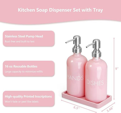 Pink Glass Dish and Hand Soap Dispenser Set - Kitchen Soap Dispenser with Tray and Stainless Steel Pump - for Modern Pink Kitchen Decor and Accessories
