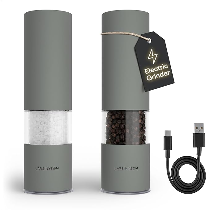 LARS NYSØM Electric Salt and Pepper Grinder Set I Automatic Salt and Pepper Mills with Adjustable Ceramic Grinder I USB Rechargeable Electric Spice Mill Set with LED Light (Ash Gray) by LN
