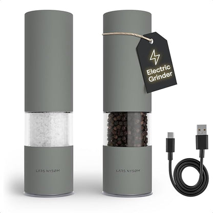 LARS NYSØM Electric Salt and Pepper Grinder Set I Automatic Salt and Pepper Mills with Adjustable Ceramic Grinder I USB Rechargeable Electric Spice Mill Set with LED Light (Ash Gray) by LN