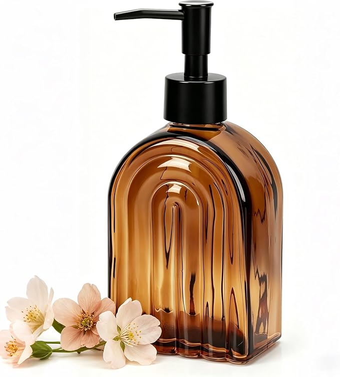 Amber Glass Soap Dispenser with Plastic Pump, 13.5Oz Refillable Liquid Farmhouse Soap Dispenser for Hand and Dish Set for Bathroom Countertop Decor