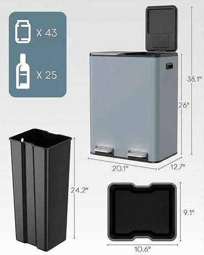 ComfyCorner 16 Gal (2 x 30 L) Dual Trash Can, Stainless Steel Kitchen Garbage Bin, Recycle Dustbin with Odor Control Box, Soft-Close Lid, Inner Buckets, Side Handle, Step Pedal, for Home Office