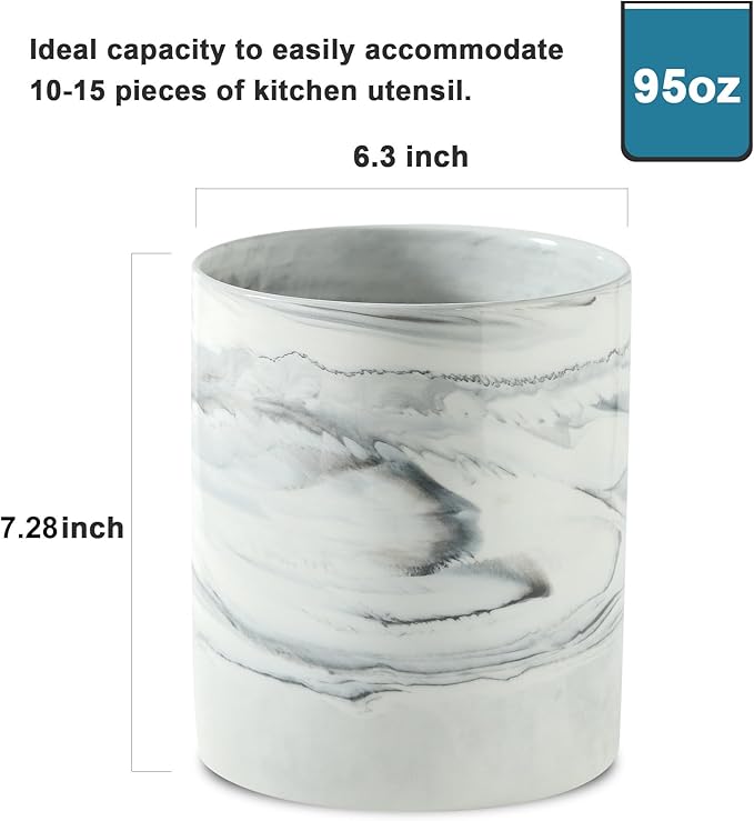 7.2 inch Large Utensil Holder for Kitchen Counter, Golden Marble Utensil Crock Spatula Holder for Countertop Cooking Tools Storage Caddy Farmhouse Kitchen Decor (Marble-Grey) - Image 3