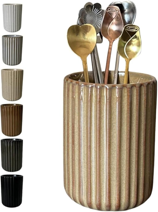 TOPYOKK Stoneware Coffee Bar Utensil Holder Tea & Coffee Spoon & Stirrer Holder for Stir Stick Straw Teaspoon Holder Spoon Cup Small Utensil Jar Fluted Vertical Stripe (Rustic Brown) by TOPYOKK