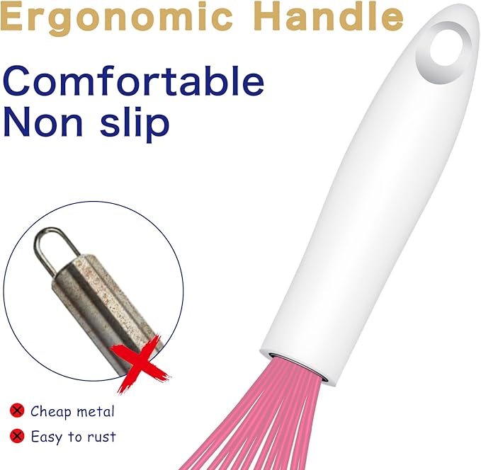 OYV Pink Silicone Whisk, Sealed Waterproof Design Set of 3, Professional Kitchen Whisks for Cooking Non-Scratch, Silicone&Stainless Steel Whisk, Heat Resistant 480°F Rubber wisk, BPA free - Image 5