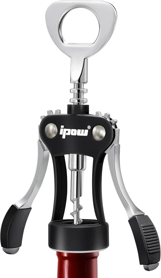IPOW Wine Opener, Zinc Alloy Wine Bottle Opener, Wing Corkscrew Heavy Duty, Manual Multifunctional Cork Screw for Waiter, Black by IPOW