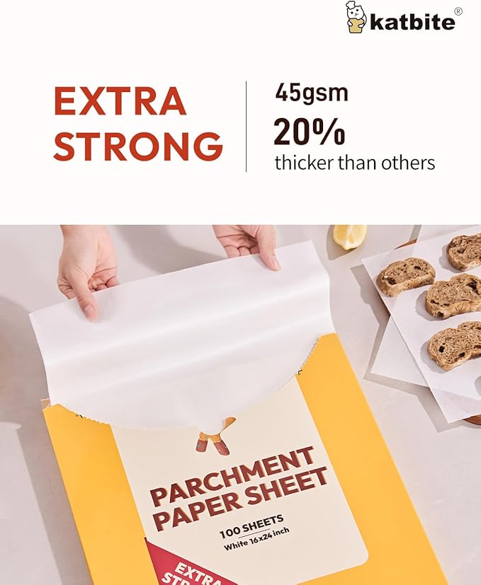 Katbite 16x24 inch Heavy Duty Parchment Paper Sheets, 100Pcs Precut Non-Stick Full Parchment Sheets for Baking, Cooking, Grilling, Frying Steaming, Full Sheet Baking Pan Liners [Extra Strong Series]