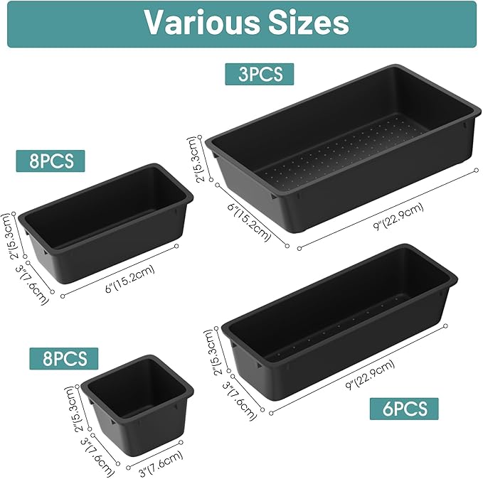 WOWBOX 25 PCS Plastic Drawer Organizer Set, Desk Drawer Divider Organizers and Storage Bins for Makeup, Jewelry, Gadgets for Kitchen, Bedroom, Bathroom, Office, Deep Black - Image 2