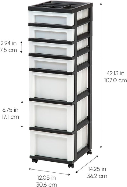 IRIS USA Plastic Drawer Storage Organizer Rolling Cart, with Wheels Casters, 2-Pack, 7-Drawers, for Classroom Art Craft Supplies Dresser Closet Bathroom Laundry Room, Black/Pearl - Image 3