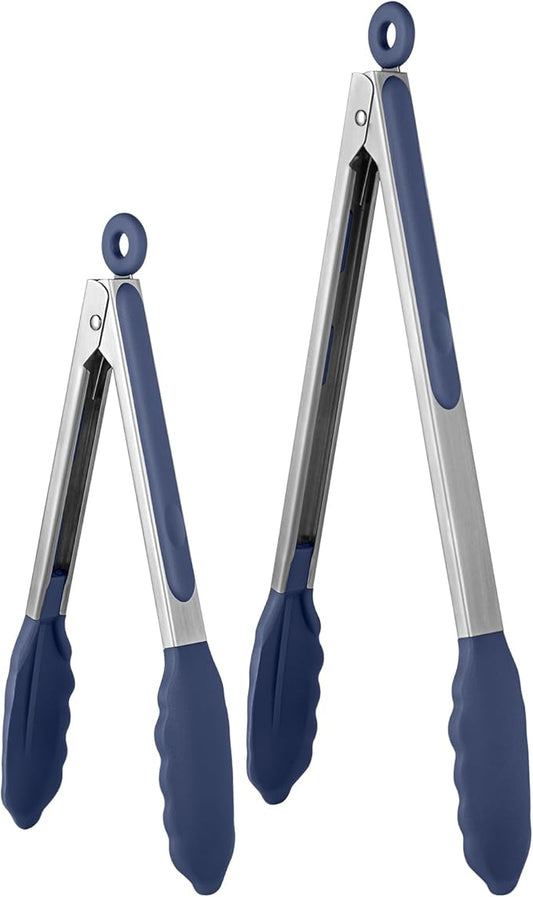 600ºF Heat Resistant Kitchen Tongs: U-Taste 9+12 inch Silicone Cooking Tong Set with Firm Sealed Non Stick Rubber Tips and Silicon Coated 18/8 Stainless Steel Handle for Serving Grilling-Midnight Blue by U-Taste