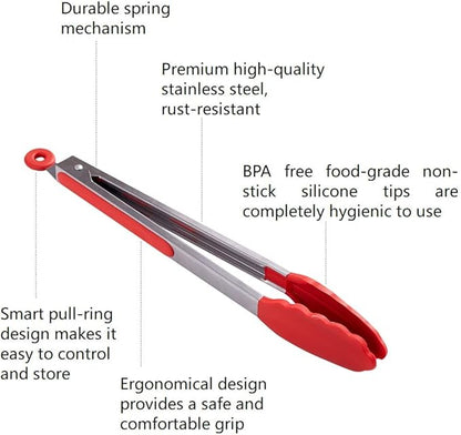 Kitchen Tongs Set of 2 – 9 inch & 12 inch – Stainless Steel Food Tongs with Silicone Tips – Premium Locking Non-stick Tongs for Cooking, BBQ, Grilling, Salad - Heavy Duty, BPA Free(Red) - Image 2