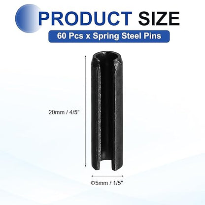 MECCANIXITY 60Pcs Slotted Split Roll Pins 1/5 Inch(5mm) Dia. 4/5 Inch(20mm) Length 65Mn Steel Spring Tension Expansion Dowels for Secure Fastening, Black