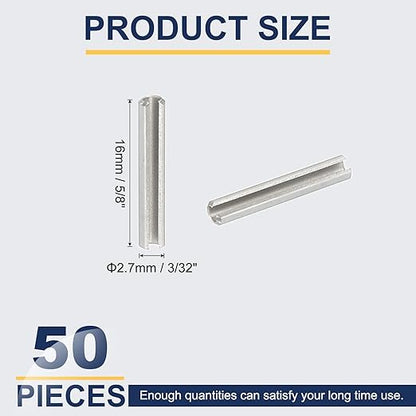 PATIKIL Slotted Spring Pin, 50 Pcs 3/32" x 5/8" (2.7mm x 16mm) 304 Stainless Steel Split Roll Pins Spring Dowel for Home Improvement Automotive Machine Repair, Silver