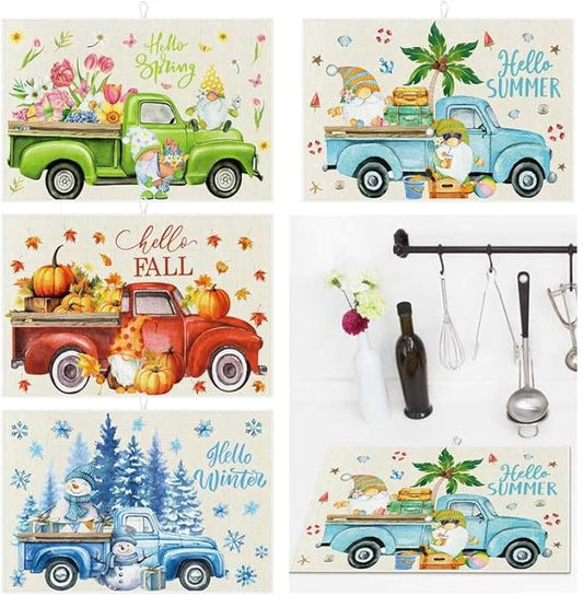 Teenyyou 4 Pcs Seasonal Dish Drying Mats for Kitchen 24"x 16" Winter Holiday Microfiber Absorbent Washable Drainer Mat for Counter Spring Summer Fall Home Accessories Decoration(Truck) by Teenyyou