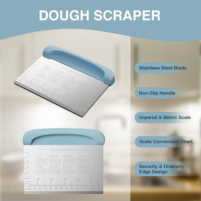 Bench Scraper Dough Cutter Tool - Pastry Scraper for Bread Cake Pizza, Bench Knife Kitchen Dough Scraper for Baking, Stainless Steel Food Scraper with Grip Handles & Measuring Scale, Blue - Image 2