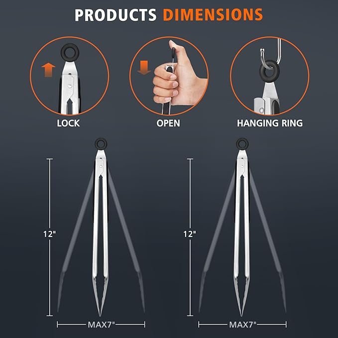 Hotec Stainless Steel Kitchen Tongs, Set of 2-12", Locking Metal Food Tongs for Cooking, Serving, BBQ, Grill Non-Slip Grip - Image 7